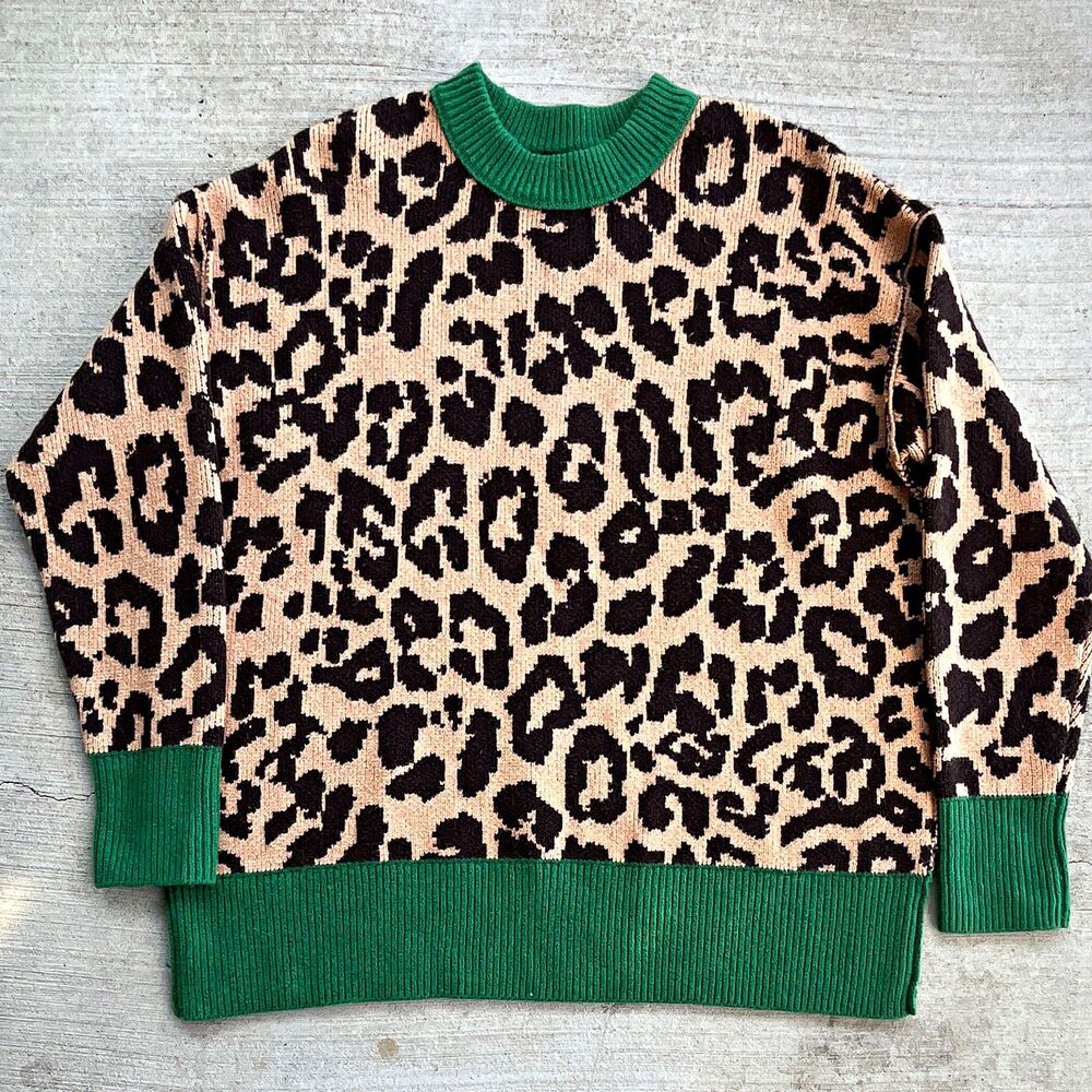 Aerie Leopard Print Sweater Womens Small Crew Neck Rib Trim Green Indie Sleaze